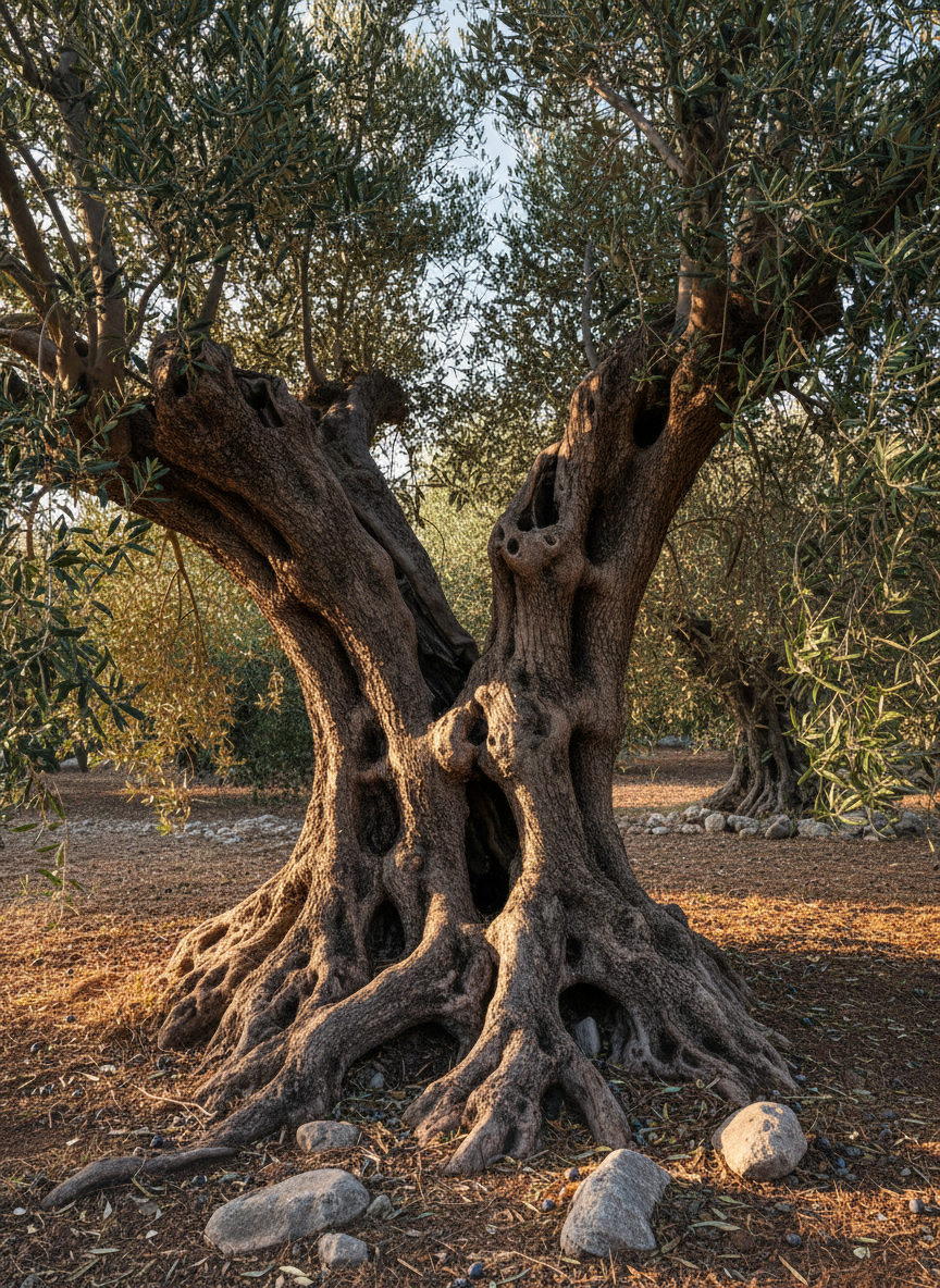 A close-up of a sturdy, ancient-style olive tree trunk with deeply furrowed bark, textured and dark, splitting into thick branches heavy with silvery-green leaves. At the base of the tree, exposed roots twist and interweave over rocky, sun-baked soil scattered with small stones and a few fallen olives. Late afternoon sunlight filters through the foliage, creating dappled patterns of light and shadow on the ground and highlighting the fine details of the bark. Photographic realism, shot from a low, slightly angled perspective to emphasize strength and rootedness. The mood is grounded, stable, and enduring, visually representing covenant roots and timeless faithfulness in a clean, professional style.