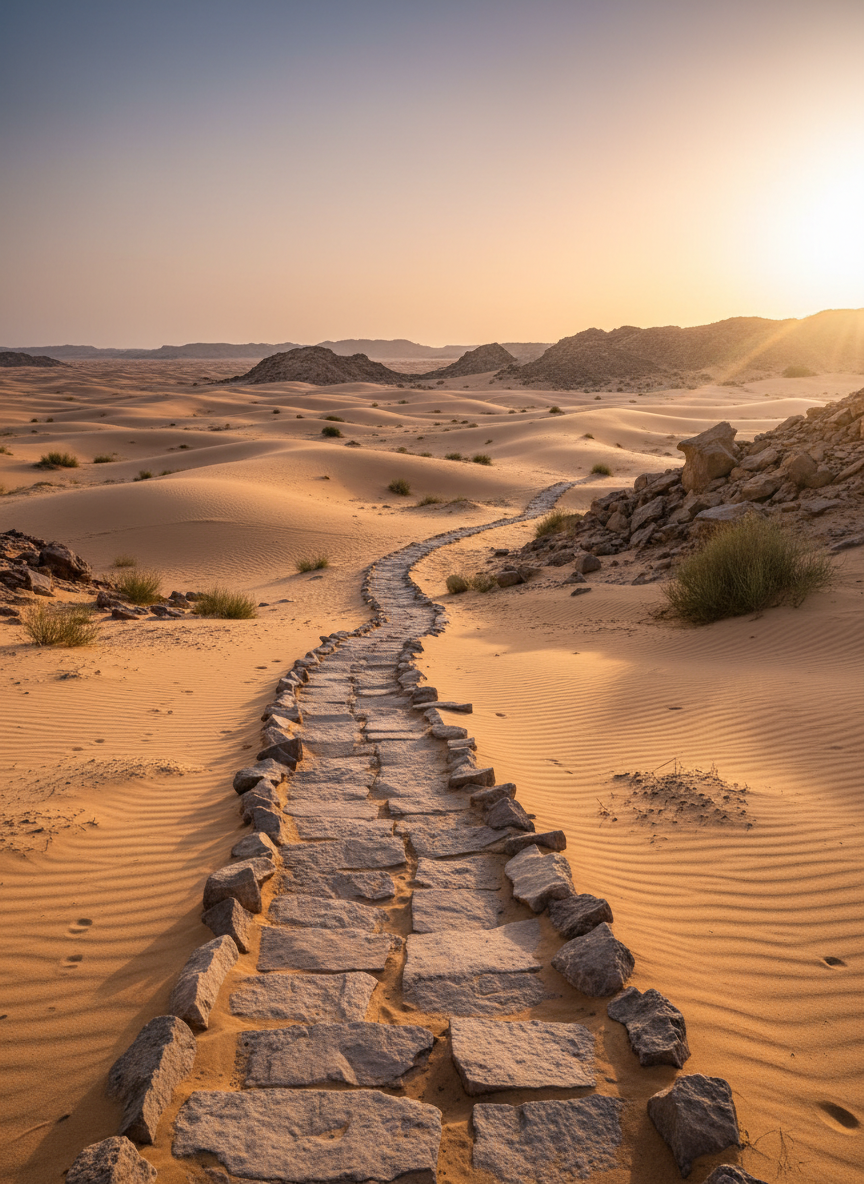 A serene desert landscape reminiscent of the ancient Near East, with rolling sand dunes transitioning into scattered rocky outcrops and hardy shrubs. In the foreground, a simple stone path made of uneven, weathered rocks winds into the distance, symbolizing a walk of faith. The sky glows with soft golden hour light, warm oranges and gentle blues blending seamlessly, casting long, delicate shadows across the terrain. Photographic realism with a wide-angle, slightly elevated composition emphasizes depth and the journey motif. The atmosphere is peaceful and reflective, with crisp, clean detail and a professional aesthetic that evokes biblical history without including any people or modern structures.