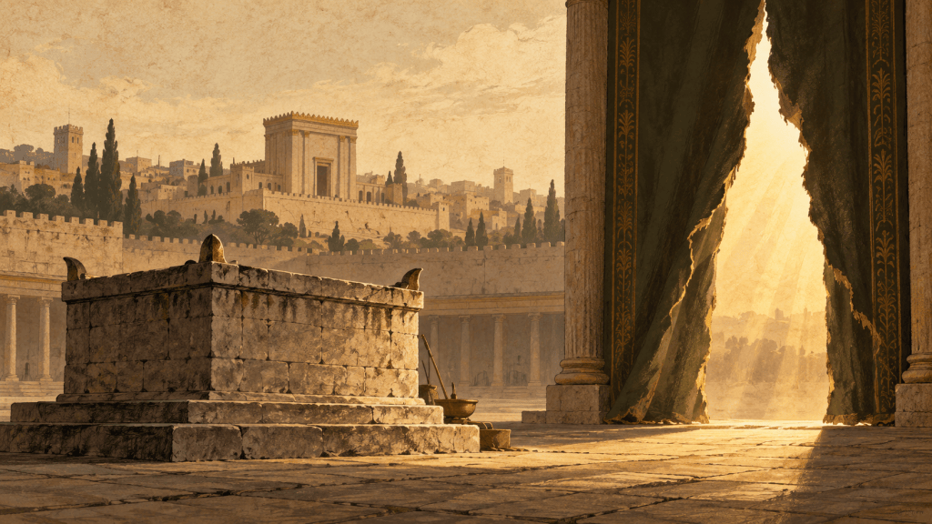 Parchment-style illustration of an empty ancient altar, Jerusalem’s temple, and a torn veil opening onto golden light.