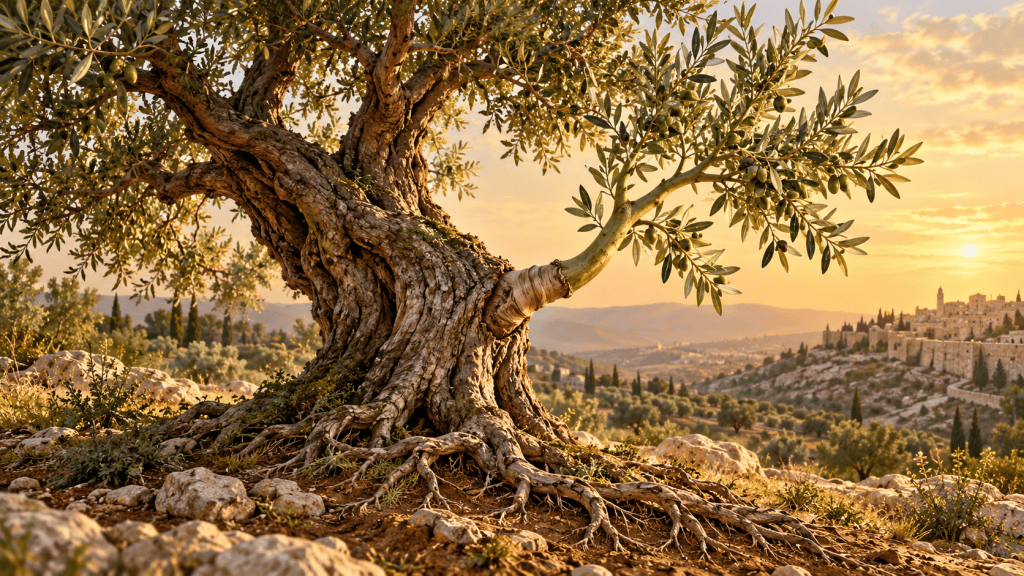 A mature olive tree in Judea with exposed roots and a young wild olive branch grafted into a cultivated limb at sunset.